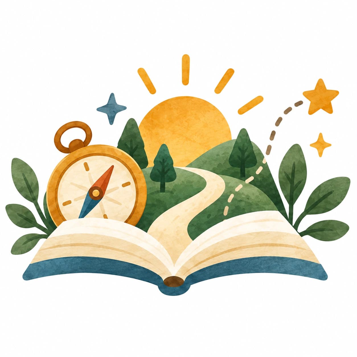 Um livro aberto vira caminho entre árvores, sol e uma bússola: o mundo dos Pequenos Exploradores